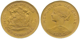 CHILE. 100 Pesos 1953, gold, UNC