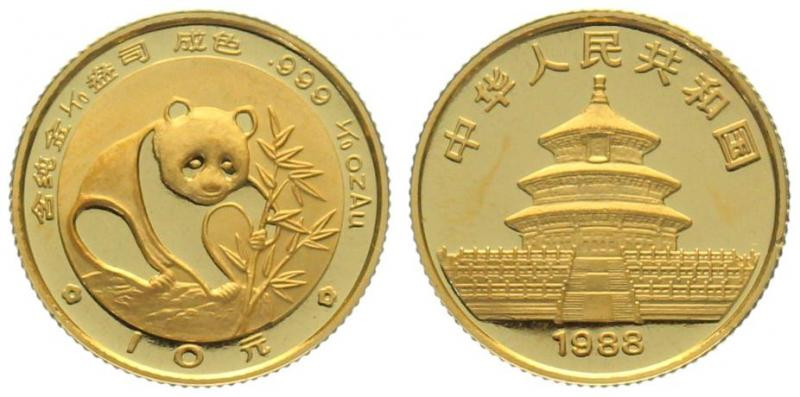 CHINA. 10 Yuan 1988, Panda, 1/10 oz fine gold, UNC

Gold 3.11g (0.999)