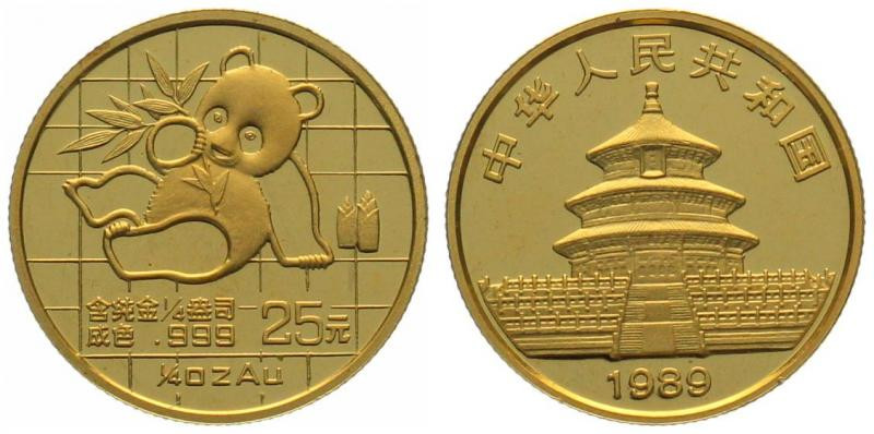 CHINA. 25 Yuan 1989, Panda, 1/4 oz fine gold, UNC

Gold 7.78g (0.999)