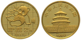 CHINA. 25 Yuan 1989, Panda, 1/4 oz fine gold, UNC