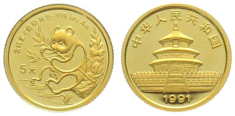 CHINA. 5 Yuan 1991, Panda, 1/20 oz fine gold, UNC

Gold 1.56g (0.999)