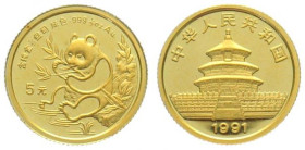 CHINA. 5 Yuan 1991, Panda, 1/20 oz fine gold, UNC