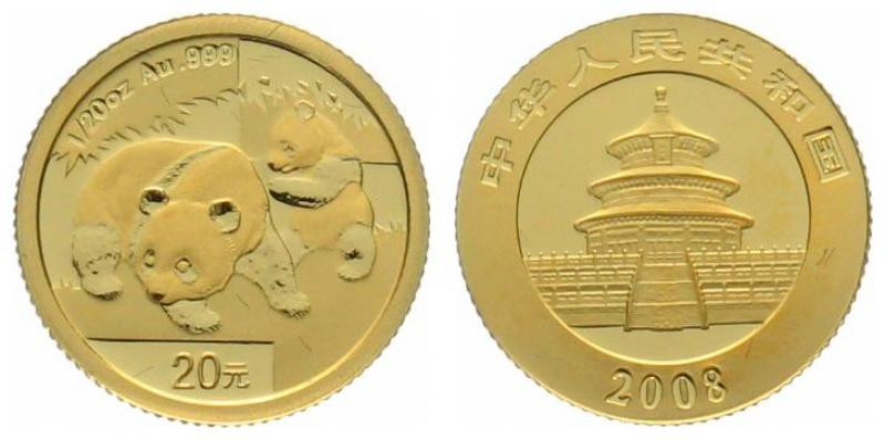 CHINA. 20 Yuan 2008, Panda, 1/20 oz fine gold, UNC

Gold 1.56g (0.999)