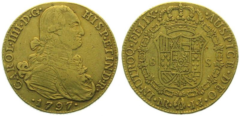 COLOMBIA. 8 Escudos 1797 NR JJ, Bogota mint, Carlos IV, gold, VF+

KM # 62.1, ...