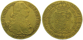 COLOMBIA. 8 Escudos 1797 NR JJ, Bogota mint, Carlos IV, gold, VF+