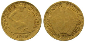 COLOMBIA. 5 Pesos 1919, gold, XF