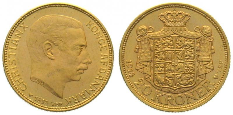 DENMARK. 20 Kroner 1914, Christian X, gold, UNC-

KM# 817.1, gold 8.96g (0.900...