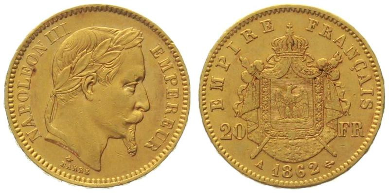 FRANCE. 20 Francs 1862 A, Napoleon III, gold, XF

Gold 6.45g (0.900)