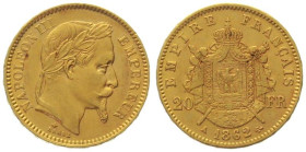 FRANCE. 20 Francs 1862 A, Napoleon III, gold, XF