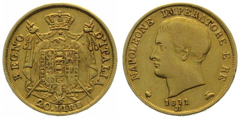 KINGDOM OF NAPOLEON. 20 Lire 1811 M, Milano, Napoleon I, gold, XF

Gold 6.45g ...