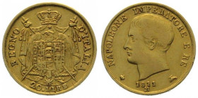 KINGDOM OF NAPOLEON. 20 Lire 1811 M, Milano, Napoleon I, gold, XF