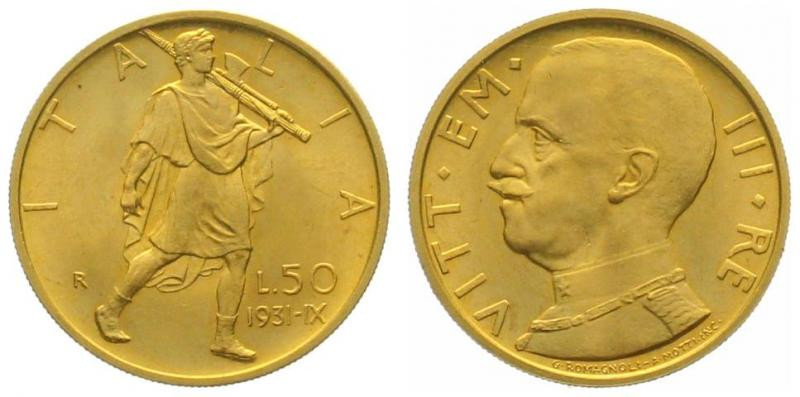 ITALY. Kingdom, 50 Lire 1932 R Yr. IX, Vittorio Emanuele III, gold, UNC

KM # ...