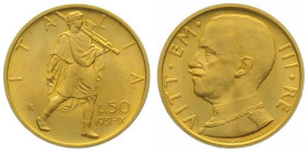 ITALY. Kingdom, 50 Lire 1932 R Yr. IX, Vittorio Emanuele III, gold, UNC
