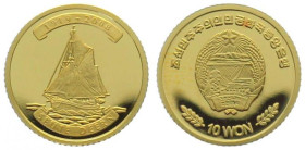 NORTH KOREA. 10 Won 2008, Ship SEUTE DEERN, gold, Proof