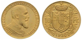 LIECHTENSTEIN. 10 Franken 1930, Franz I, gold, UNC