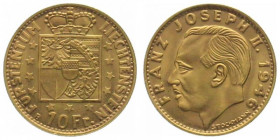 LIECHTENSTEIN. 10 Franken 1946, Franz Josef II, gold, UNC