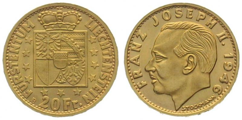 LIECHTENSTEIN. 20 Franken 1946, Franz Josef II, gold, UNC

Y# 14, gold 6.4516g...