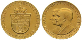 LIECHTENSTEIN. 100 Franken 1952, Franz Josef II & Gina, gold, UNC