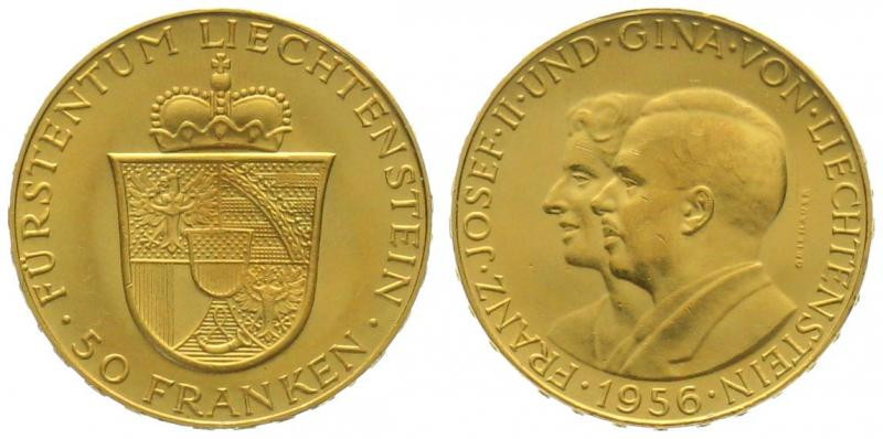 LIECHTENSTEIN. 50 Franken 1956, Franz Josef II & Gina, gold, UNC

Gold 11.29g ...