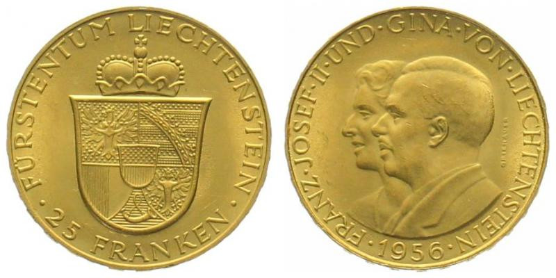 LIECHTENSTEIN. 25 Franken 1956, Franz Josef II & Gina, gold, UNC

gold 5.65g (...