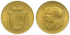 LIECHTENSTEIN. 25 Franken 1956, Franz Josef II & Gina, gold, UNC
