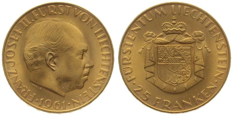 LIECHTENSTEIN. 25 Franken 1961, Franz Josef II, gold, UNC

Y# 18, gold 5.645 (...
