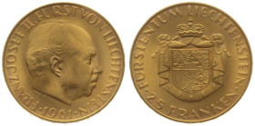 LIECHTENSTEIN. 25 Franken 1961, Franz Josef II, gold, UNC