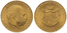 LIECHTENSTEIN. 50 Franken 1961, Franz Josef II, gold, UNC