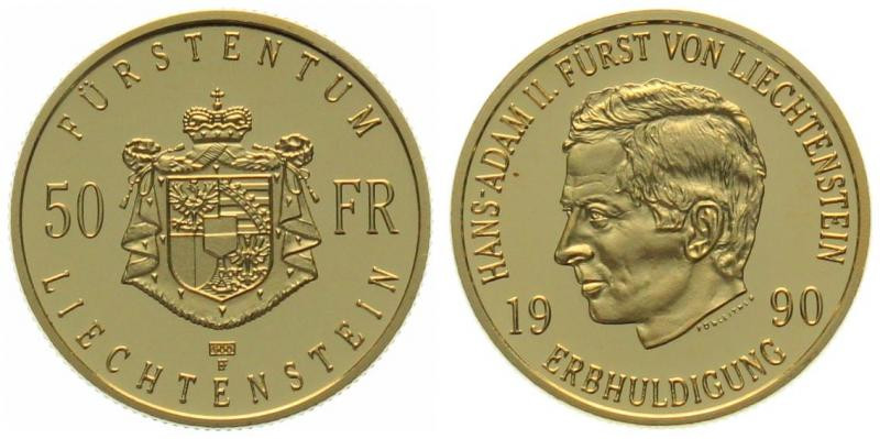 LIECHTENSTEIN. 50 Franken 1990, Succession of Hans Adam II, gold, Proof

Y# 23...