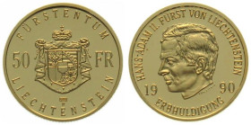 LIECHTENSTEIN. 50 Franken 1990, Succession of Hans Adam II, gold, Proof