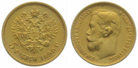 RUSSIA. 5 Roubles 1899, Nicholas II, gold, XF-