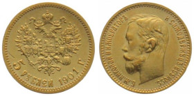 RUSSIA. 5 Roubles 1901, Nicholas II, gold, XF-