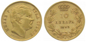 SERBIA. 10 Dinara 1882, Milan I, gold, VF+