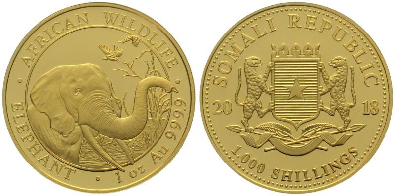 SOMALIA. 1000 Shillings 2018, Elephant, 1 oz fine gold, UNC

Gold 31.1g (0.999...