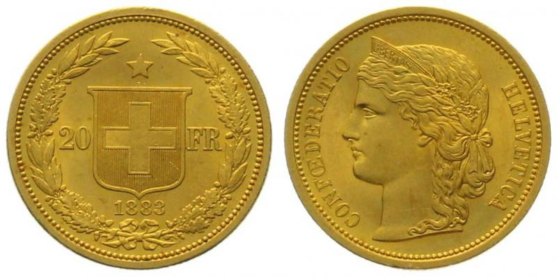 SWITZERLAND. 20 Franken 1883 B, Helvetia, gold, first year, UNC

HMZ 2-1194a, ...