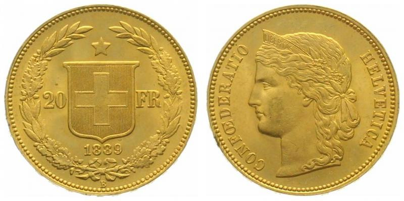 SWITZERLAND. 20 Franken 1889 B, Helvetia, gold, scarce year, UNC

HMZ 2-1194e,...