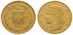SWITZERLAND. 20 Franken 1890 B, Helvetia, gold, XF