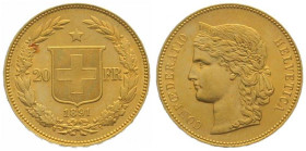 SWITZERLAND. 20 Franken 1891 B, Helvetia, gold, AU
