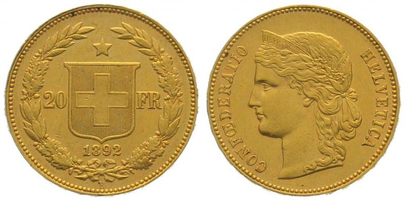 SWITZERLAND. 20 Franken 1892 B, Helvetia, gold, AU

HMZ 2-1194h, gold 6.45g (0...