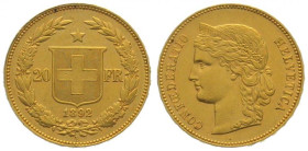 SWITZERLAND. 20 Franken 1892 B, Helvetia, gold, AU