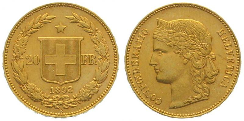 SWITZERLAND. 20 Franken 1893 B, Helvetia, gold, AU

HMZ 2-1194i, gold 6.45g (0...