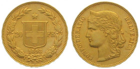 SWITZERLAND. 20 Franken 1893 B, Helvetia, gold, AU