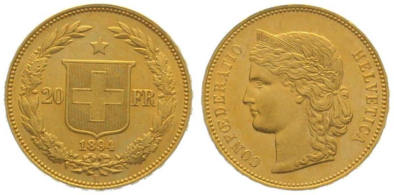 SWITZERLAND. 20 Franken 1894 B, Helvetia, gold, AU

HMZ 2-1194k, gold 6.45g (0...