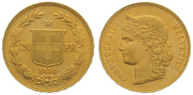 SWITZERLAND. 20 Franken 1894 B, Helvetia, gold, AU