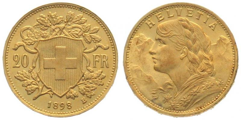 SWITZERLAND. 20 Franken 1898 B, Vreneli, gold, UNC-

HMZ 2-1195c, gold 6.45g (...