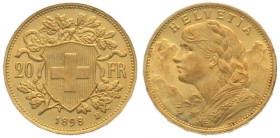 SWITZERLAND. 20 Franken 1898 B, Vreneli, gold, UNC-