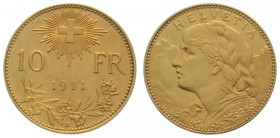 SWITZERLAND. 10 Franken 1911 B, Vreneli, gold, key date, AU (fast unz)