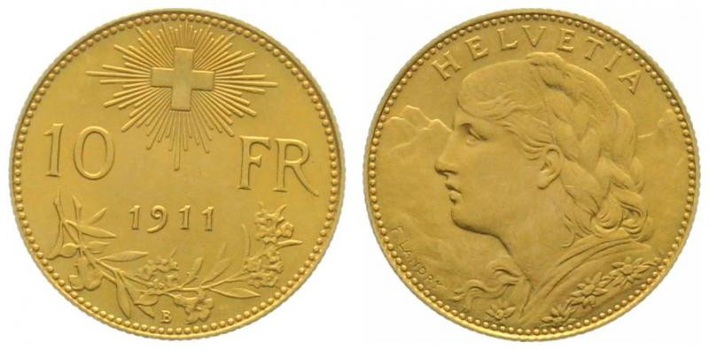 SWITZERLAND. 10 Franken 1911 B, Vreneli, gold, key date, AU (fast unz)

HMZ 2-...