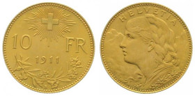 SWITZERLAND. 10 Franken 1911 B, Vreneli, gold, key date, AU (fast unz)