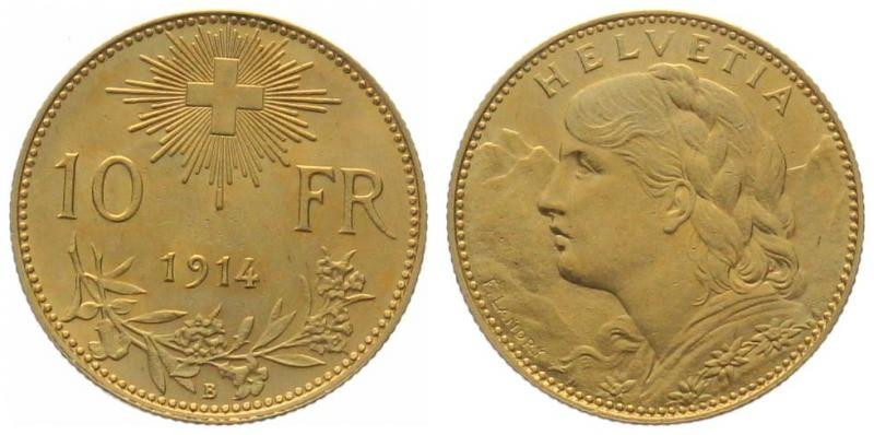 SWITZERLAND. 10 Franken 1914 B, Vreneli, gold, AU (fast unz)

HMZ 2-1196d, gol...